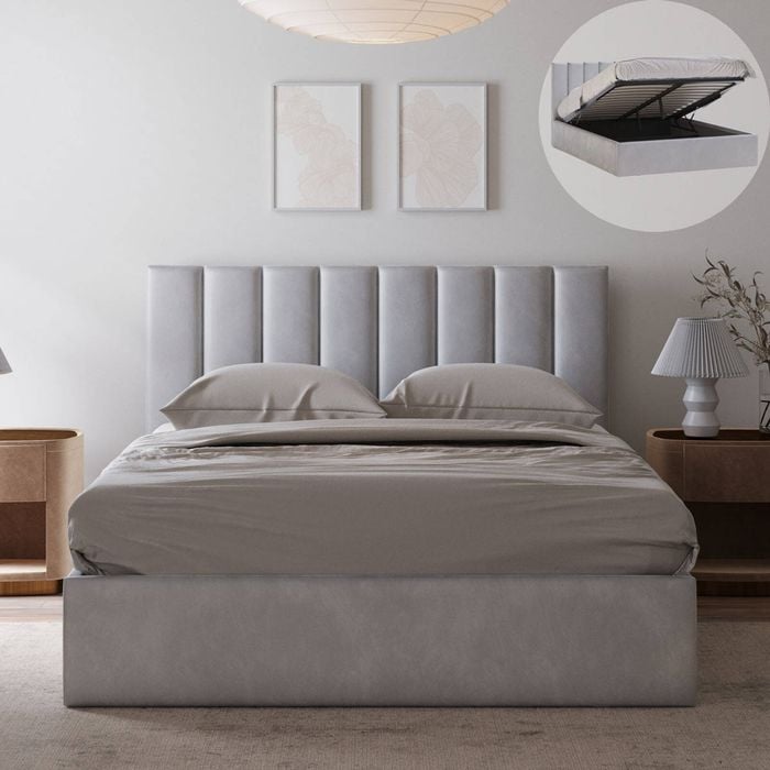 Ormond Queen Taupe White Velvet Gas Lift Storage Bed Frame