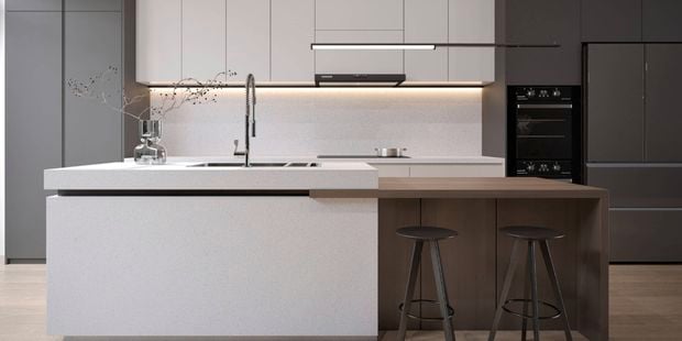 Timber and stone combo kitchen benchtop in kitchen
