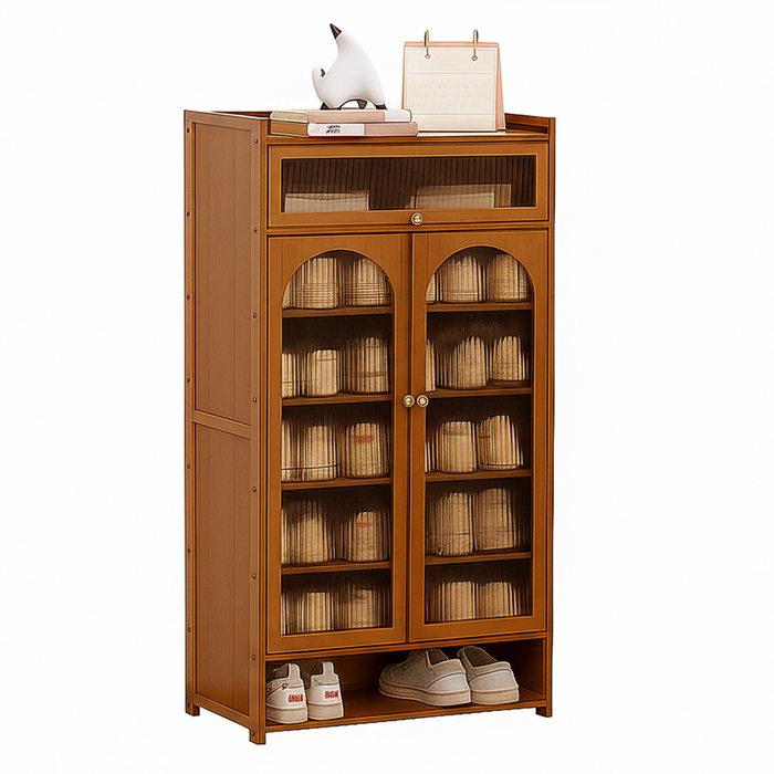 Foret Bamboo Shoe Cabinet With Drawer Fluted Glass Doors Entryway Storage 110cm