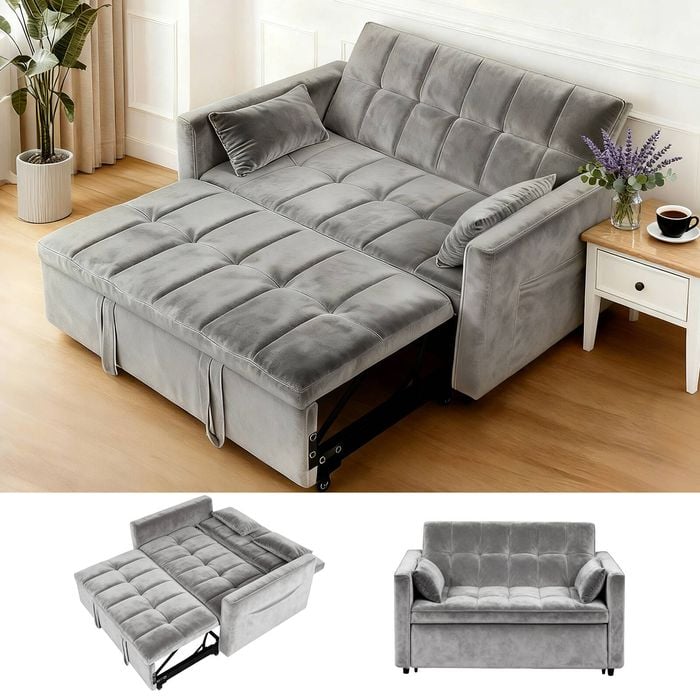 Advwin 2 Seater Sofa Bed 3-in-1 Velvet Sleeper Couch w/ Adjustable Backrest Pull Out Bed Grey