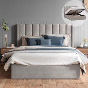 Emilie King Taupe White Velvet Gas Lift Storage Winged Bed Frame