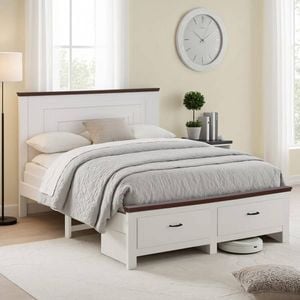 Homfurn Double Bed Frame With 2 Drawers & 108cm High Headboard – Modern White