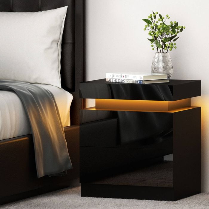 Artiss BLACK RGB LED Light 2 Drawer Bedside Table