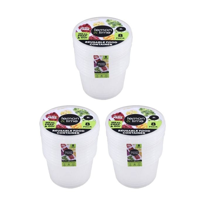 3x 8pc Lemon And Lime Reusable Round Plastic Food Container Set 2l Capacity