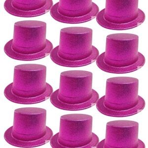 12x GLITTER TOP HAT Fancy Party Plastic Costume Tall Cap Fun Dress Up BULK Hot Pink