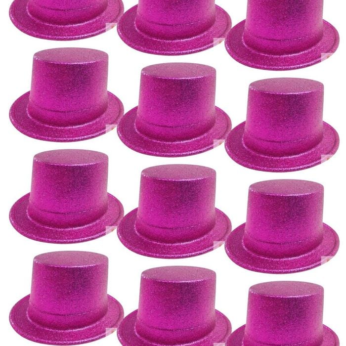 12x GLITTER TOP HAT Fancy Party Plastic Costume Tall Cap Fun Dress Up BULK Hot Pink
