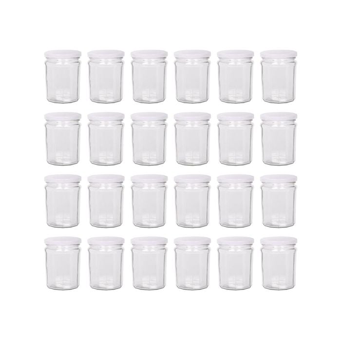 Argon Tableware 380ml Glass Jam Jars With Airtight White Lids - Set Of 24 Empty Screw Top Kitchen Storage Preserving Jar