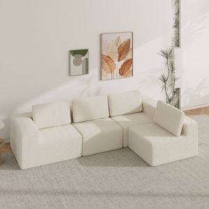 Advwin 340cm 4 Seater Sofa Convertible L Shaped Sofa Chenille Compressed Sofa Modular Couch No Assembly Beige