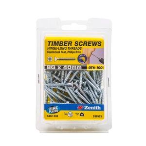 Zenith 8g x 40mm Zinc Plated Hinge-Long Thread Timber Screws - 100 Pack