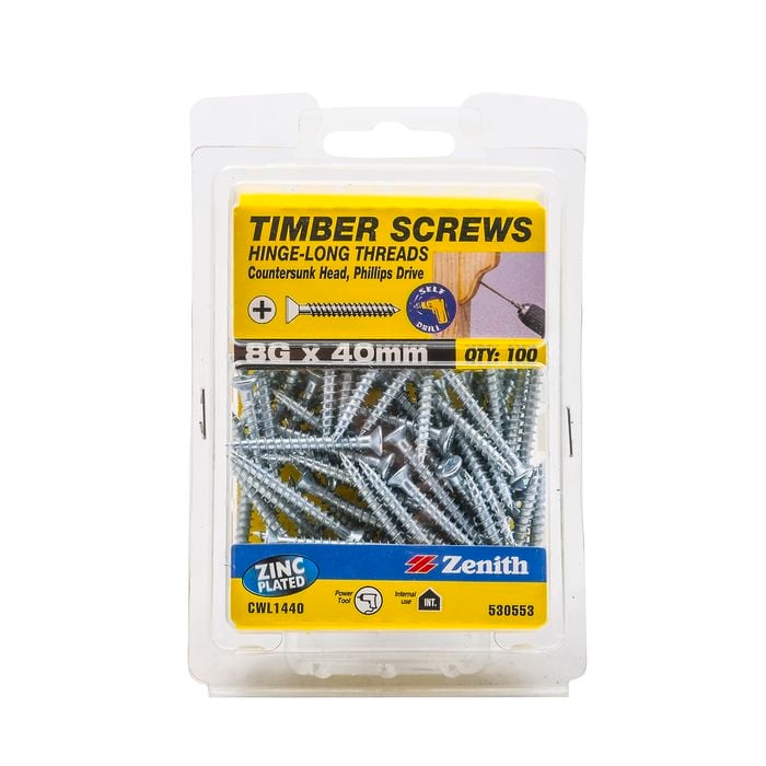Zenith 8g x 40mm Zinc Plated Hinge-Long Thread Timber Screws - 100 Pack