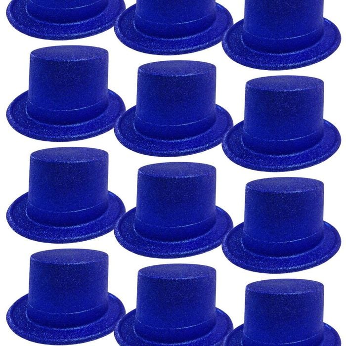 12x GLITTER TOP HAT Fancy Party Plastic Costume Tall Cap Fun Dress Up BULK Blue