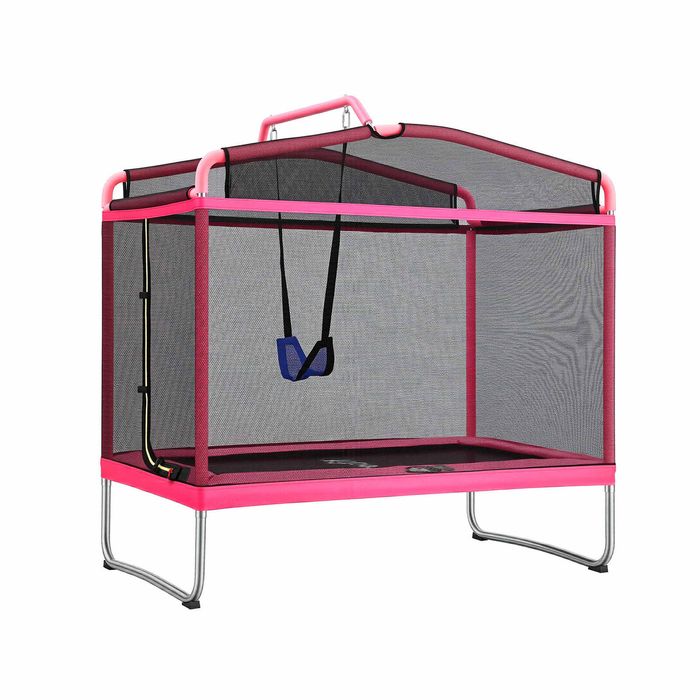 Everfit 6FT Kids Rectangle Trampoline with Enclosure Net Swing Belt 3-in-1 Rebounder Toys Pink