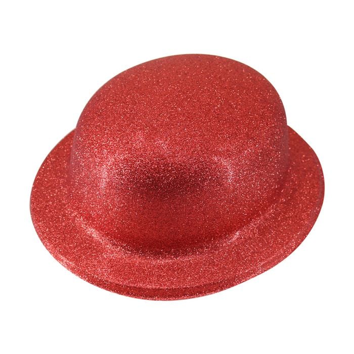 GLITTER BOWLER HAT Fancy Party Plastic Costume Cap Fun Dress Up Sparkle Red