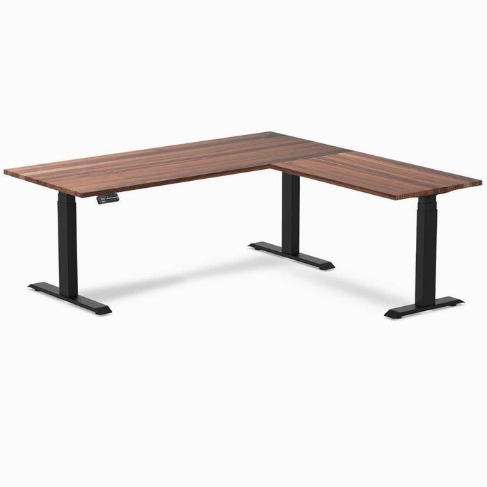 Desky L-Shape Sit to Stand Walnut Hardwood Desk 1800x1750mm Matte Black Height Adjustable Leg