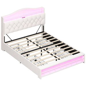 Ufurniture Princess Queen Bed Frame with LED Lights, Charging Station & 4 Drawers Velvet Upholstered Platform Bed Beige