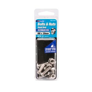 Zenith Bolt & Nut Round M 6x 20mm SS316 6pk