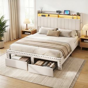 Artiss Queen Bed Frame Upholstered Storage Drawer LED Charging Ports Wingback