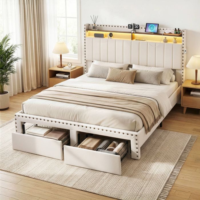 Artiss Queen Bed Frame Upholstered Storage Drawer LED Charging Ports Wingback