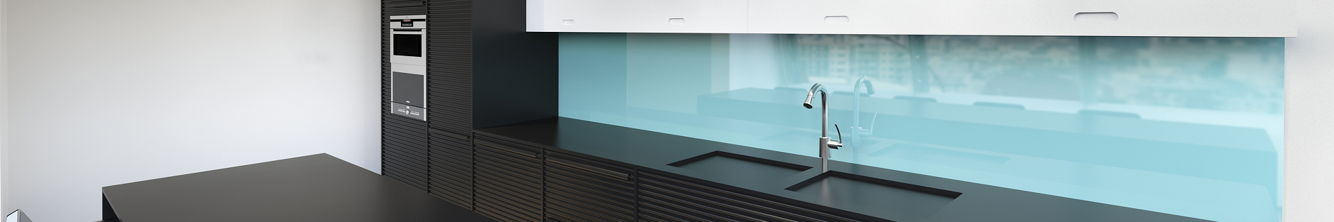 Kitchen with black cabinets and benchtops, and a glass splashback.
