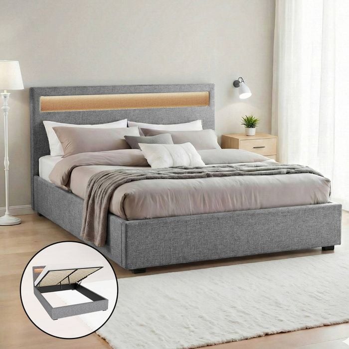 Artiss Bed Frame Queen Size LED Gas Lift Grey COLE