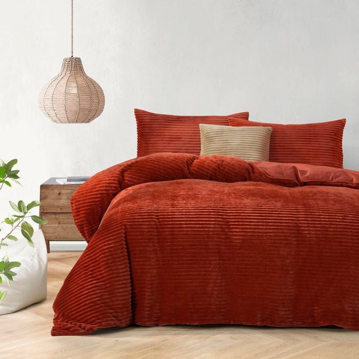 Dreamaker Embossed Teddy Fleece Quilt Cover Set Rust Red Queen Bed