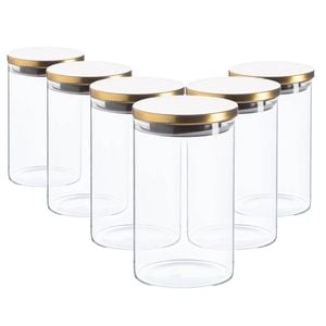 Argon Tableware Glass Storage Jar - Gold Lid - 1l - Modern Round Scandi Organisation Container Glass Jar - Set Of 6