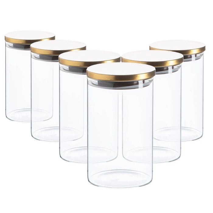 Argon Tableware Glass Storage Jar - Gold Lid - 1l - Modern Round Scandi Organisation Container Glass Jar - Set Of 6