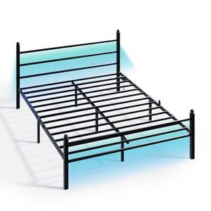 Ufurniture Metal Bed Frame with Headboard and Footboard with LED Lights and Charging Station Double Black