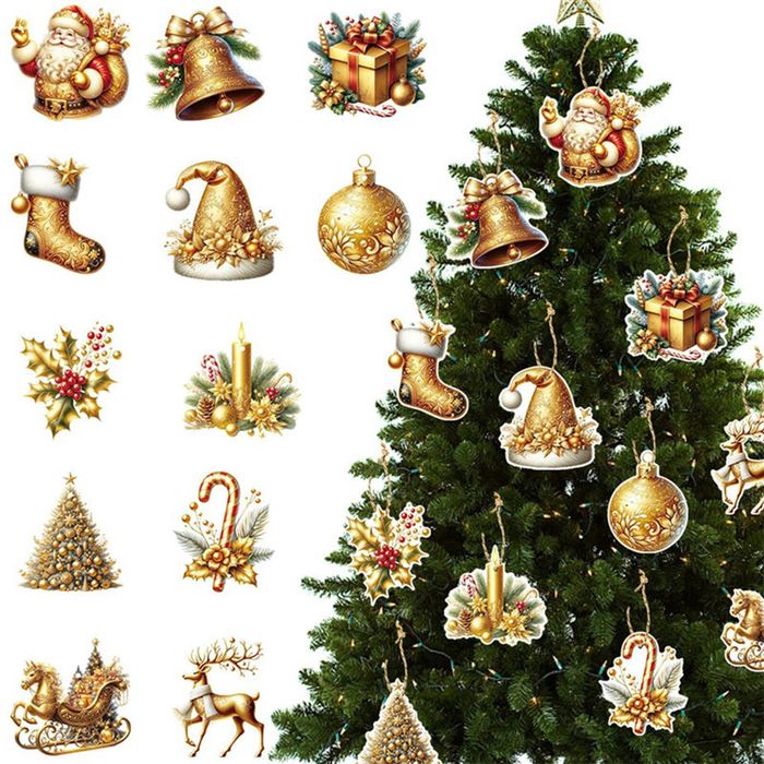 Catzon 24Pcs Gold Christmas Decorations Santa Xmas Tree Ornaments Hanging Set