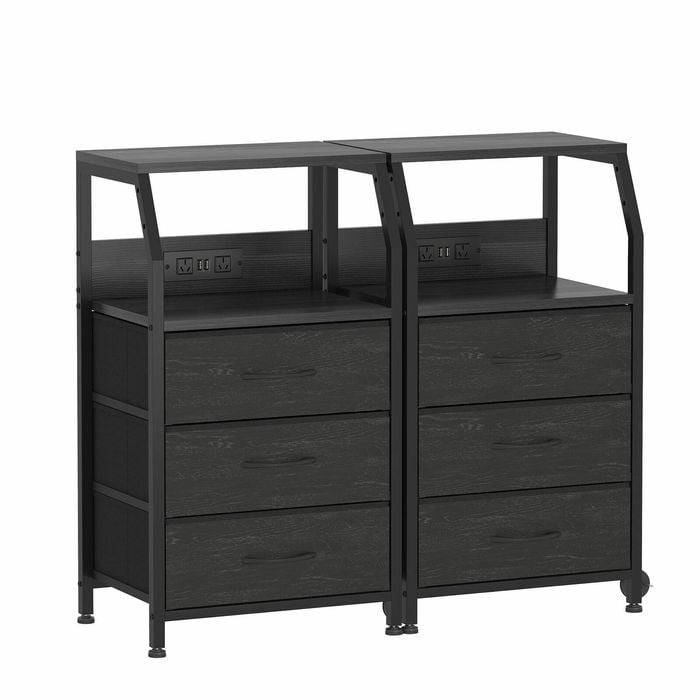 Advwin 2xbedside Table With Charging Station, 3-drawer Fabric Nightstand With Storage Shelf, Black