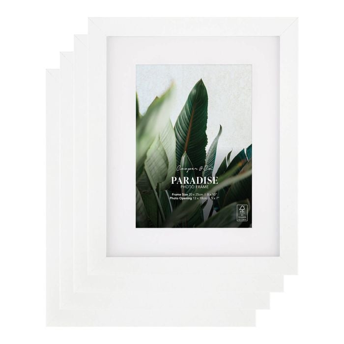 Cooper & Co. 8 x 10inch Mat to 5 x 7inch Set of 4 White Premium Paradise Wooden Photo Frames