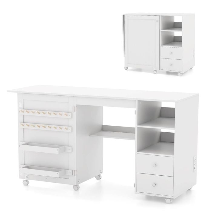 Costway Folding Sewing Table Craft Cart Work Station Desk White
