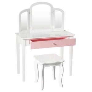 Costway Kids Wood Dressing Table Stool Set W/mirror White