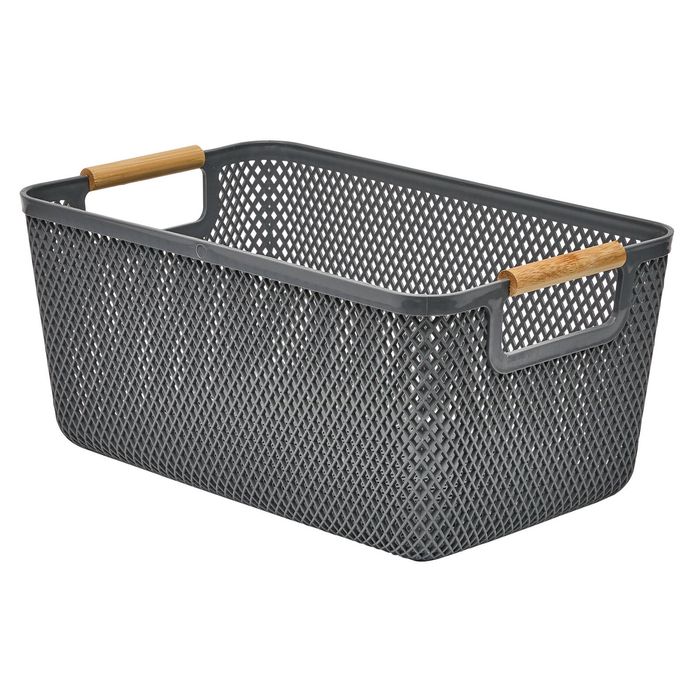 Stakt 9L Grey Mesh Storage Basket With Bamboo Handles