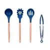 Beechwood & Silicone Kitchen Serving Utensils Set - Ladle/Pasta Server/Tongs/Slotted Spoon - Navy