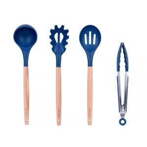 Beechwood & Silicone Kitchen Serving Utensils Set - Ladle/Pasta Server/Tongs/Slotted Spoon - Navy