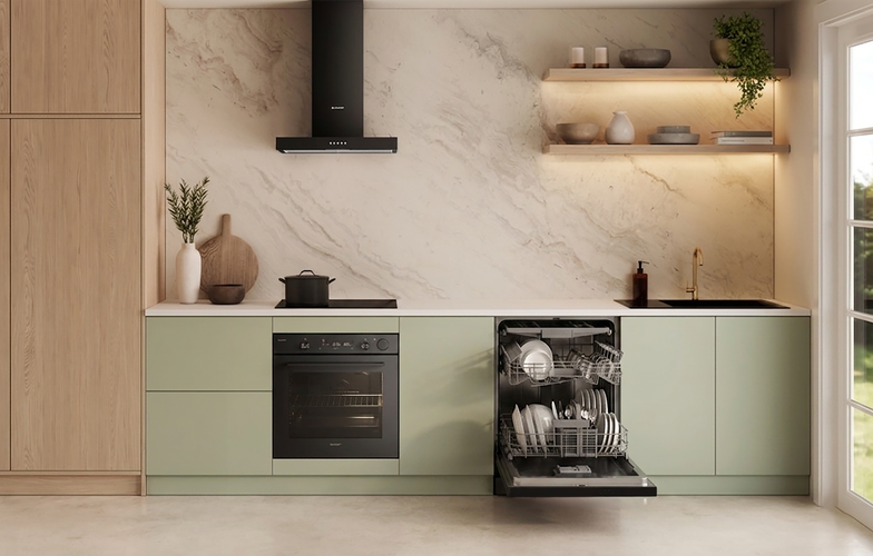 Sleek freestanding dishwasher in a modern matte black finish.