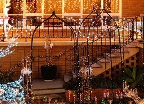 A garden decorated with plant trainers wrapped in solar fairy lights.   
