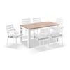 Balmoral 1.8m Teak Top Aluminium Table White With 6 Kansas Dining Chairs & Textured Olefin Grey Cushions
