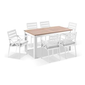 Balmoral 1.8m Teak Top Aluminium Table White With 6 Kansas Dining Chairs & Textured Olefin Grey Cushions