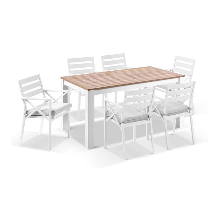Balmoral 1.8m Teak Top Aluminium Table White With 6 Kansas Dining Chairs & Textured Olefin Grey Cushions