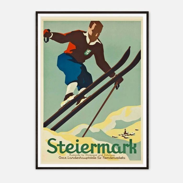 Galrie Steiermark Ski Vintage Poster Classic Winter Sports Art Print for Home Decor, Black Frame, 70 x 100cm (28 x 40inch)