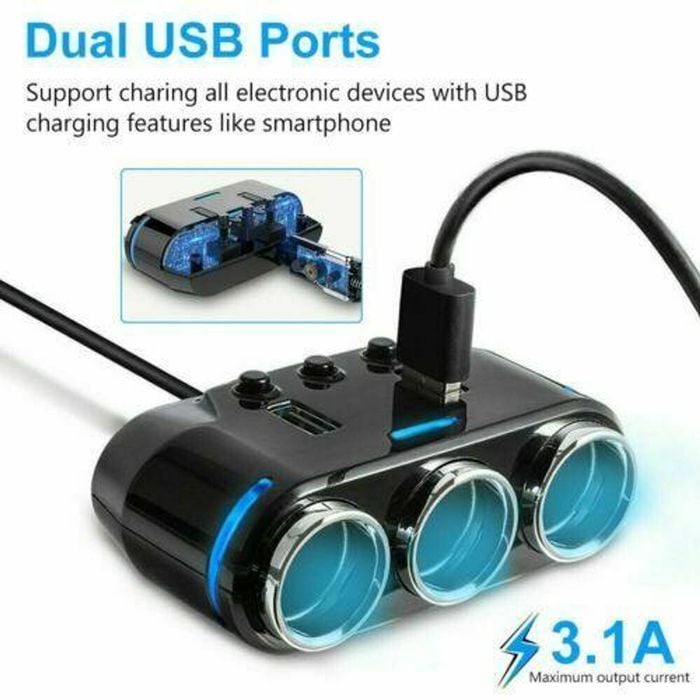 Car Charger Cigarette Lighter 3 Port Power Adapter Socket + Dual Usb