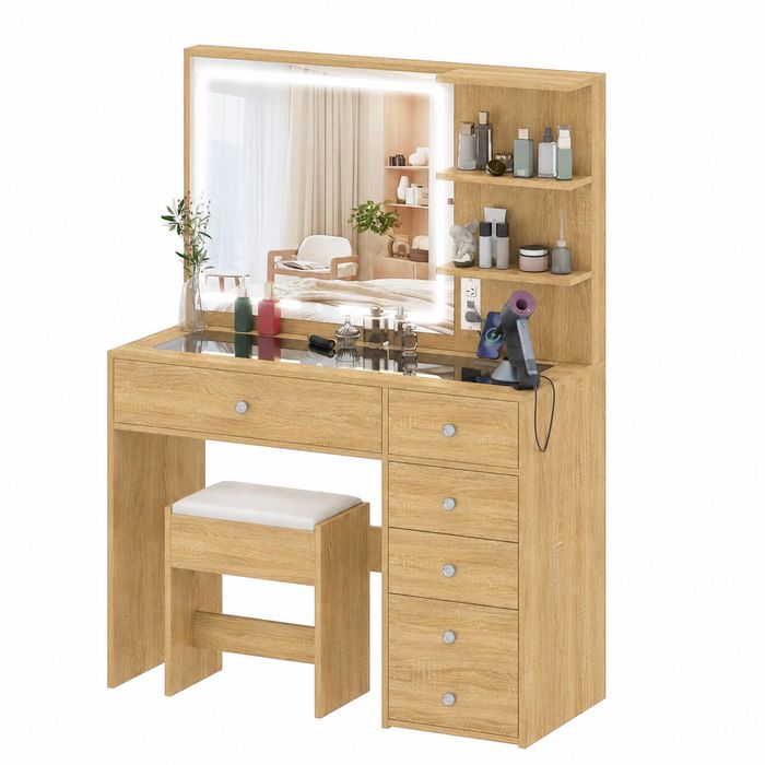 Advwin Dressing Table Stool Set Charging Station Lights Glass Tabletop Vanity Desk Brown