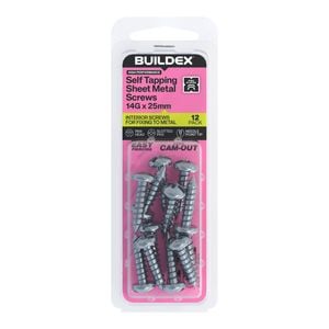 Buildex 14G x 25mm Zinc Plated Self Tapping Sheet Metal Screws - 12 Pack