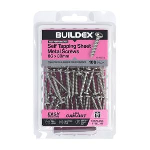 Buildex 8G x 30mm SS316 Self Tapping Sheet Metal Screws - 100 Pack