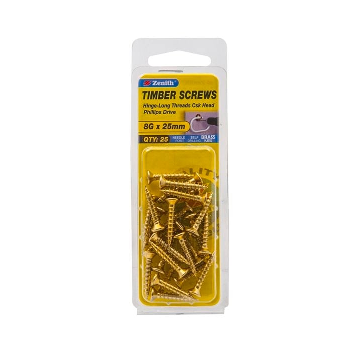 Zenith 8G x 25mm Brass Plated Timber Screw - 25 Pack