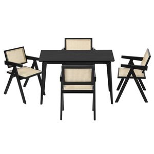 Oikiture 5PCS Dining Table Set Rectangle Dining Table and Chair Rubberwood Black