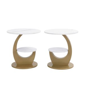 Homfurn Set of 2 2 Tier Round Side Table with Marble-Look Top, 2 Piece White End Table with Lower Shelf and Golden Curved Base