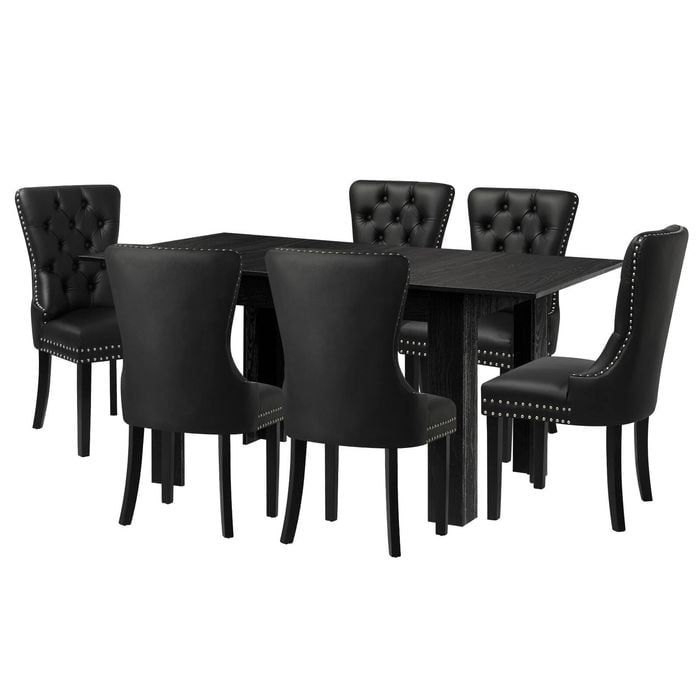 Oikiture 160cm Extendable Dining Table with 6PCS Dining Chairs PU Leather Black